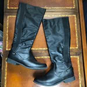 Black knee-high faux leather boots, size 9